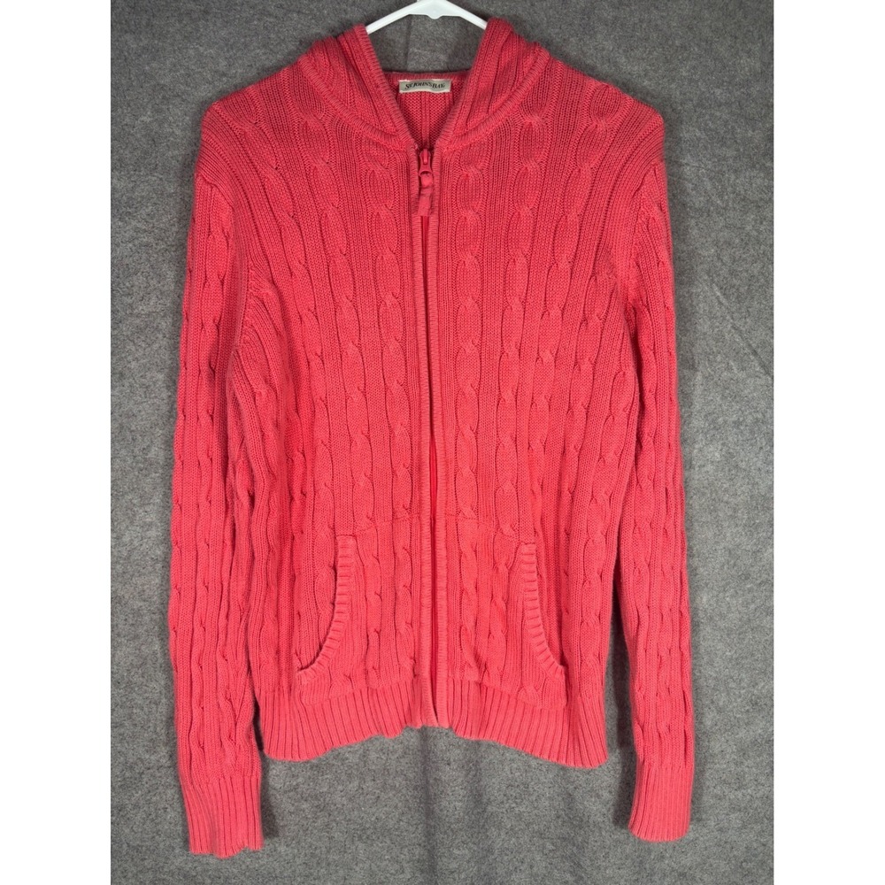 St Johns Bay Womens Coral Pink Cable Knit Full Zip Hoodie Sweater Medium